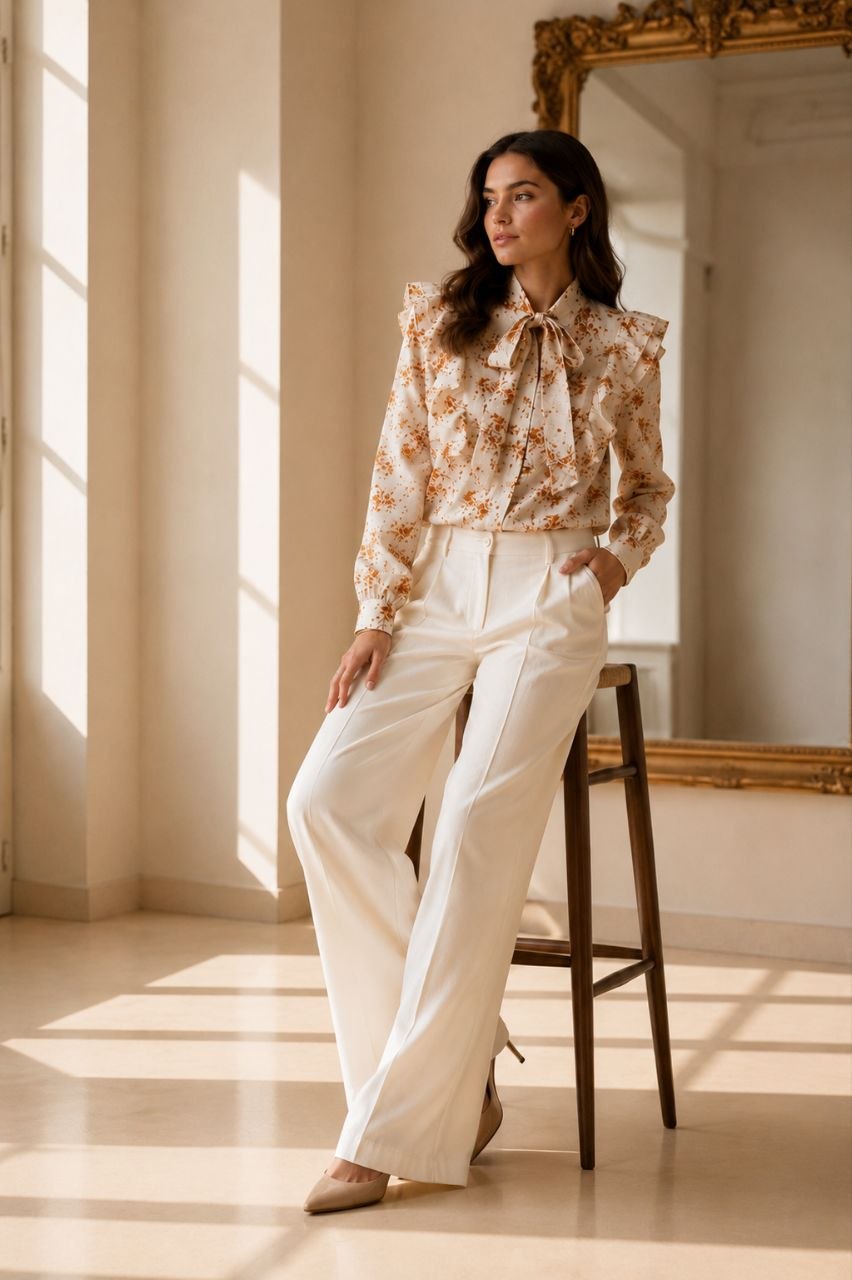 Beige Coral Bloom Ruffle Blouse