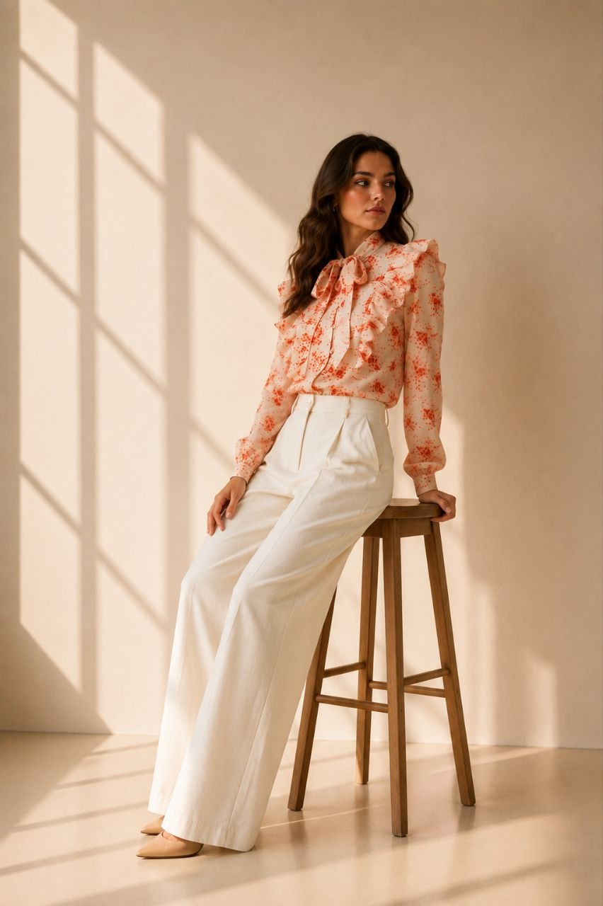 Off White Coral Bloom Ruffle Blouse