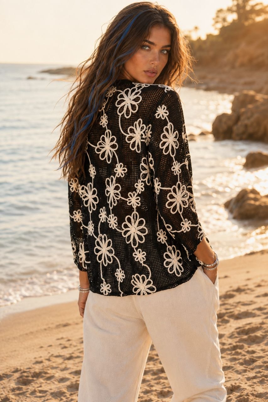 Floral Mesh Black Cardigan