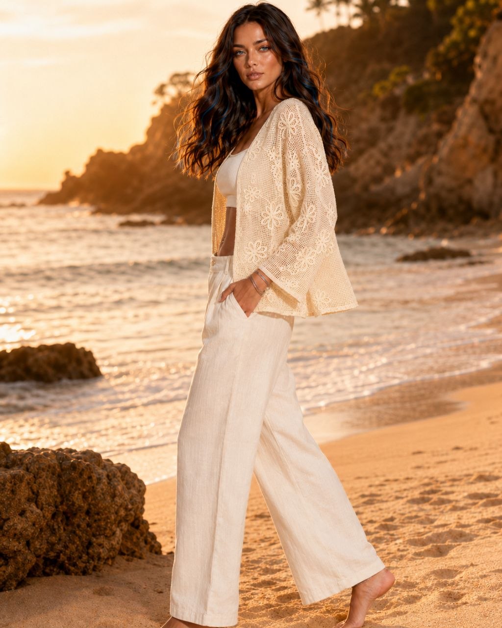 Floral Mesh Beige Cardigan