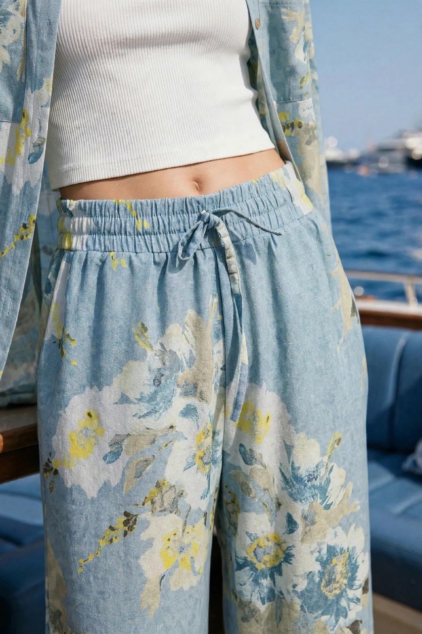 Blue Floral Linen Pants