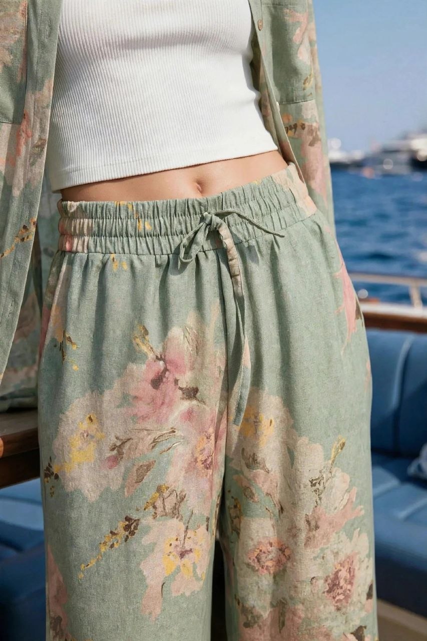 Green Floral Linen Pants