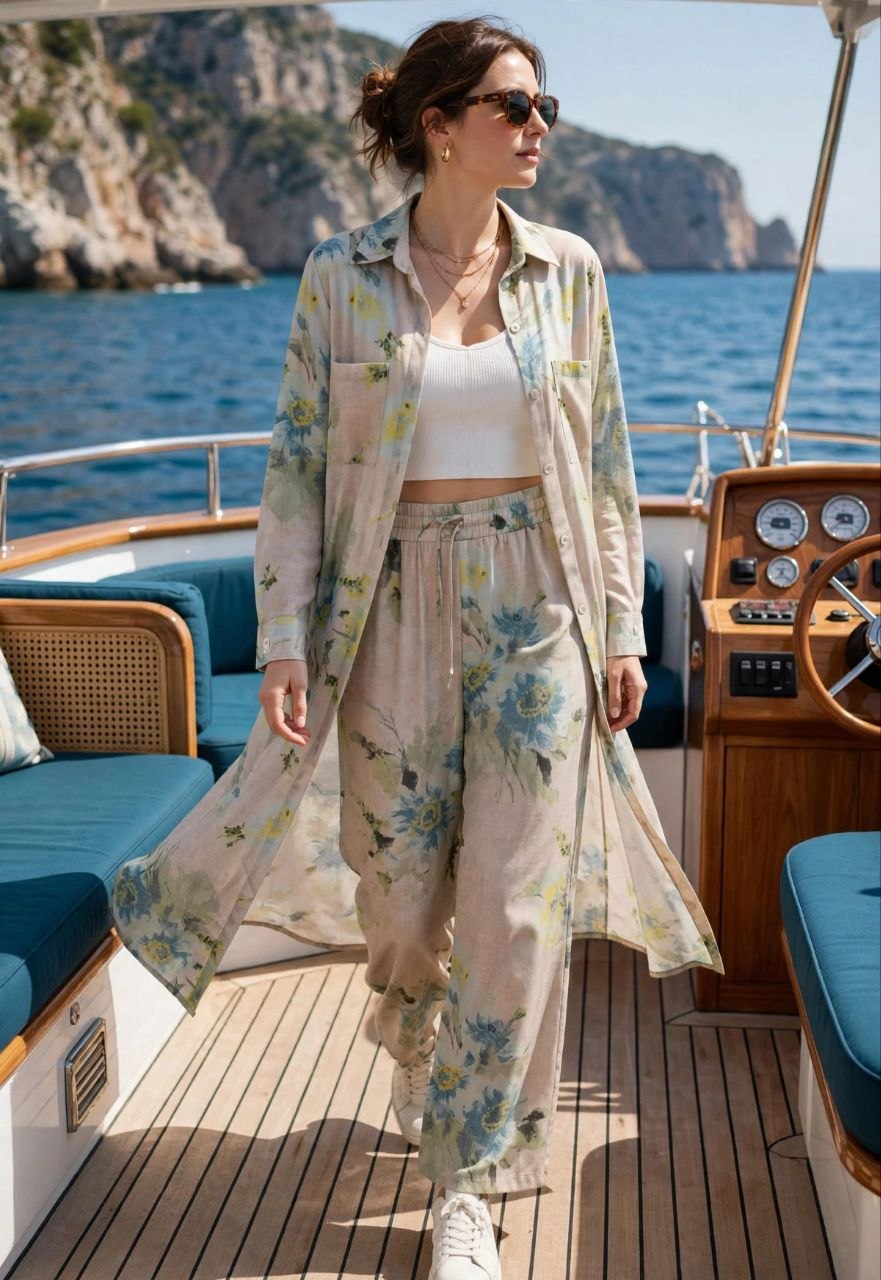 Beige Floral Long Shirt