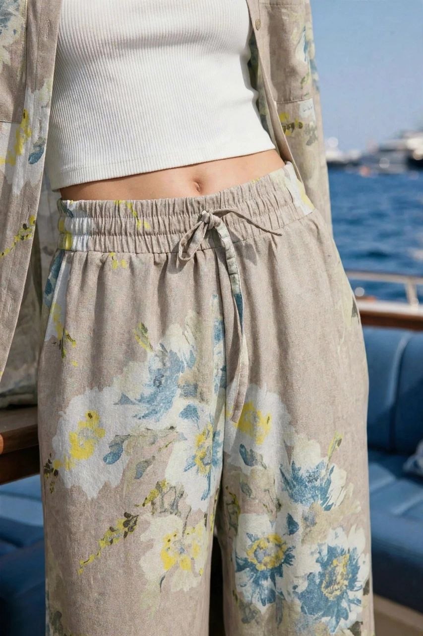 Beige Floral Linen Pants