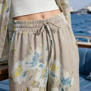 Beige Floral Linen Pants
