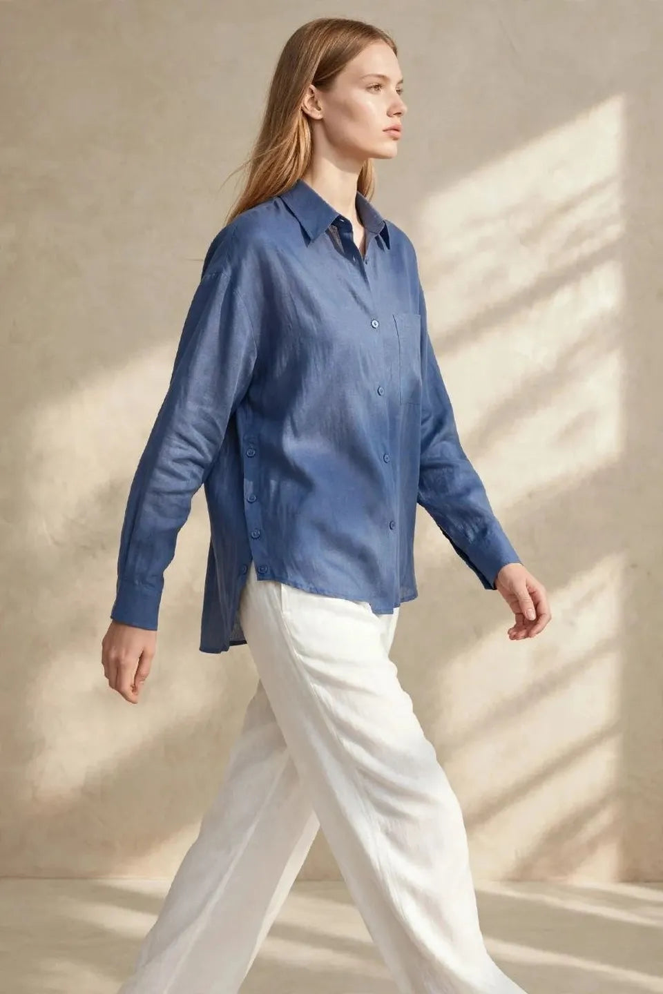 A blue pure linen shirt l شميز كتان خام طبيعى ازرق
