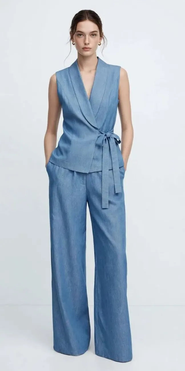 Blue Denim-Look Side-Tie Set