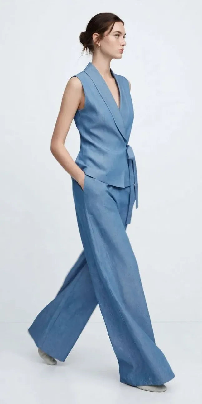 Blue Denim-Look Side-Tie Set