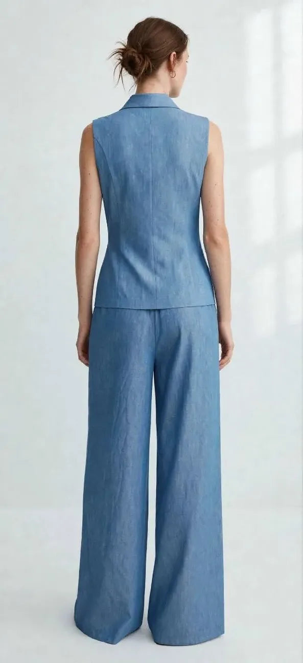Blue Denim-Look Side-Tie Set