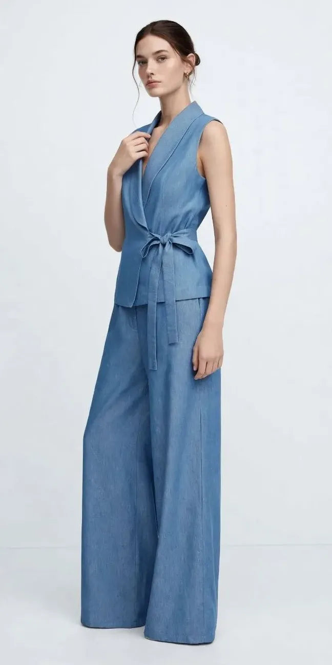 Blue Denim-Look Side-Tie Set