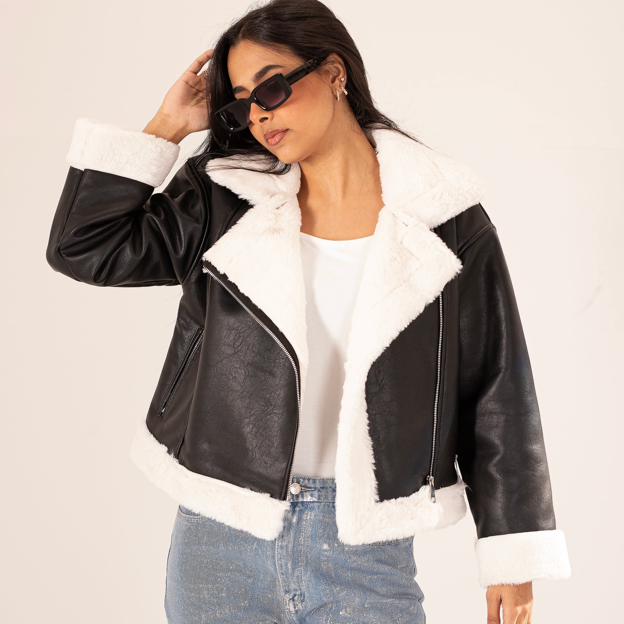 oversize fit leather jacket with fur