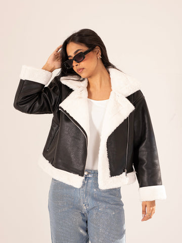 oversize fit leather jacket with fur