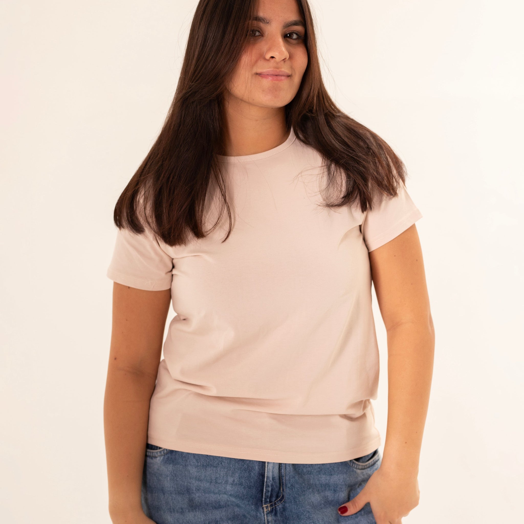 Beige basic T-shirt With Half Sleeves