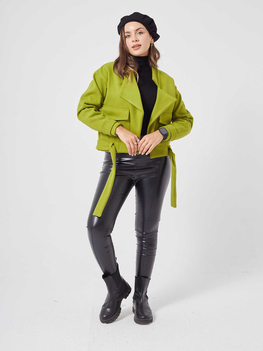 Green Cropped Jacket With Belt,