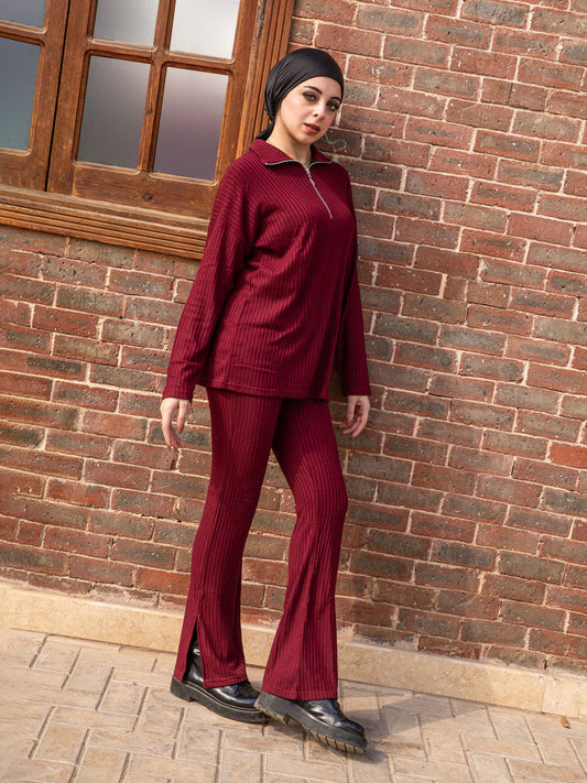 Burgundy Ribbed Suit With Zippers