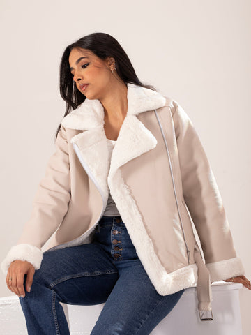 Oversize Long Leather Jacket With White Fur